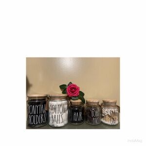 Rae Dunn Glass Jars Ponytail Holders, Cotton Balls, Hair, Bobby Pins & Take One